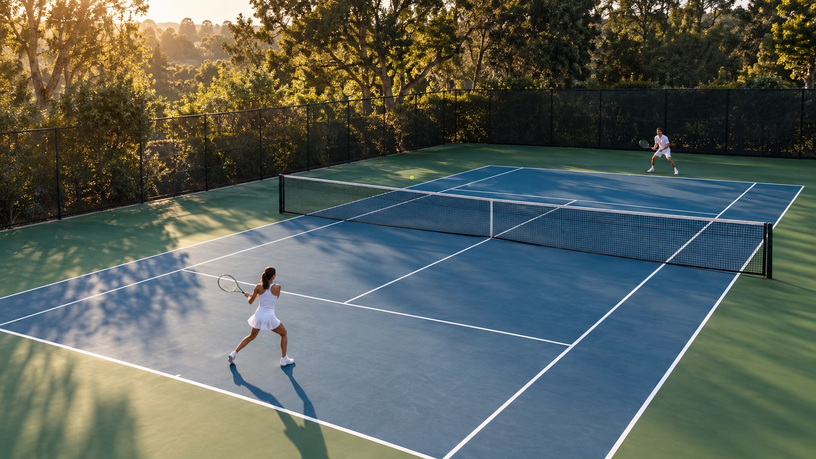 A sunlit tennis court, shown as sport inspiration
